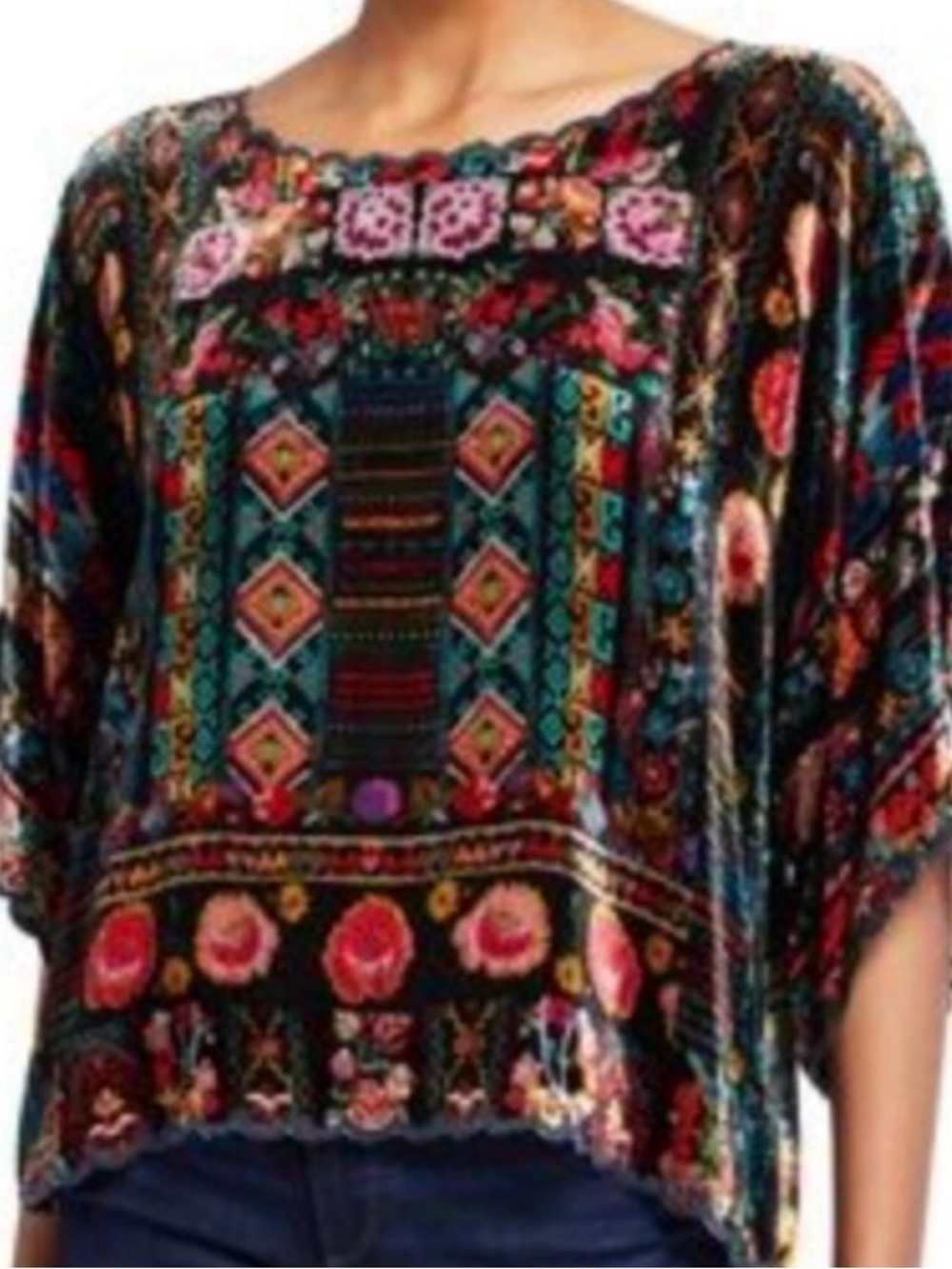 Gorgeous Johnny Was Abril oversized Rayon-Silk Blend embroidered velvet top L